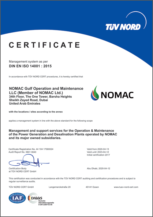 NOMAC, Certification, ISO 14001
